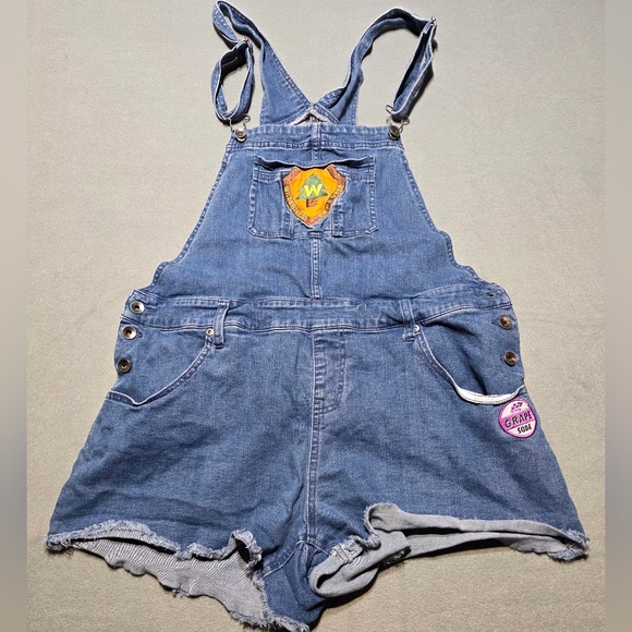 Disney Pixar Up Womens Denim Shortalls with Patches EUC PTP 18 - Picture 2 of 4